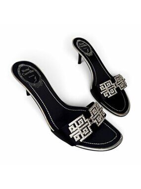 René Caovilla 36.5 Black Satin Rhinestone Buckle Slip On Open Toe Mule Heels